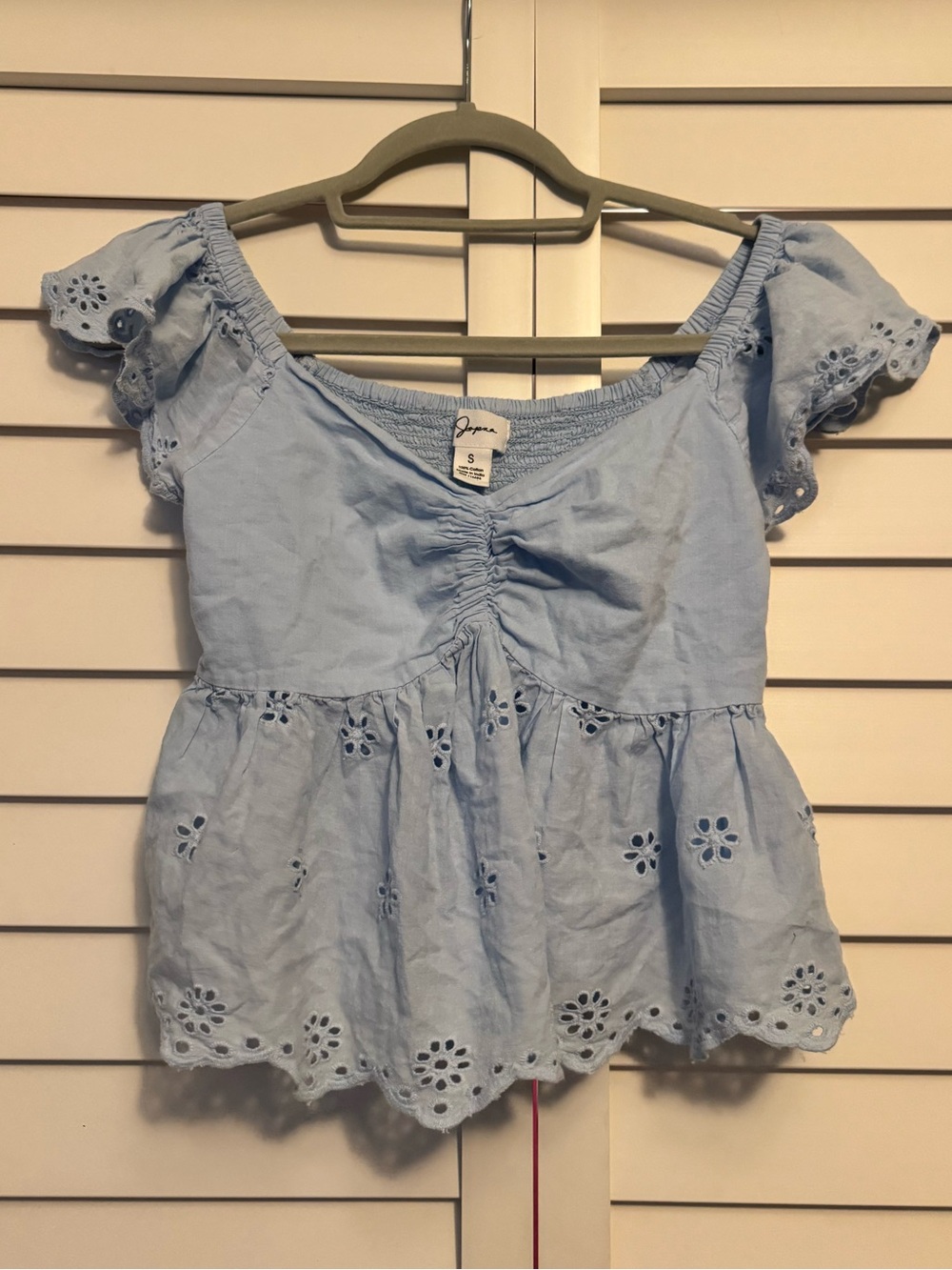 Eyelet Off-Shoulder Peplum Blouse in Light Blue